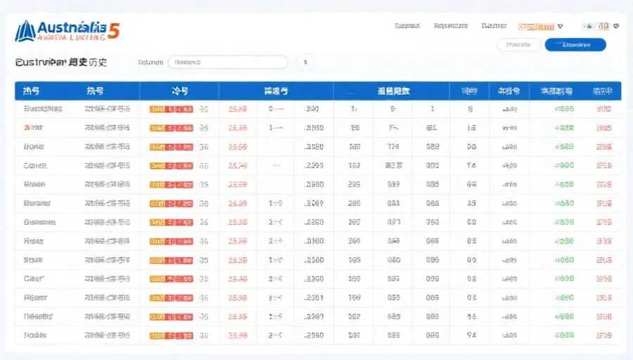 澳洲幸运5历史开奖数据表格截图，突出显示热号、冷号和遗漏期数，背景为简洁的蓝白色调